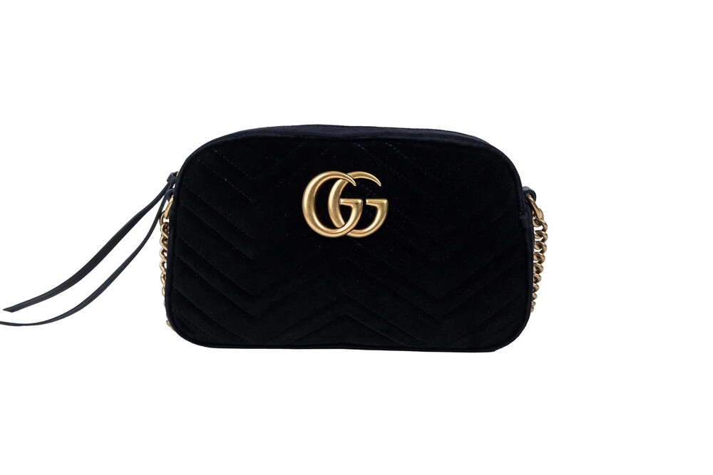 Gucci Black Velvet GG Marmont Matelassé Small Camera Crossbody Bag Gold Hardware